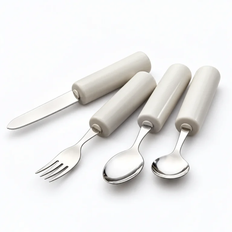 Four stainless steel utensils with light gray cylindrical handles, including a knife, fork, and two spoons, arranged on a white background.