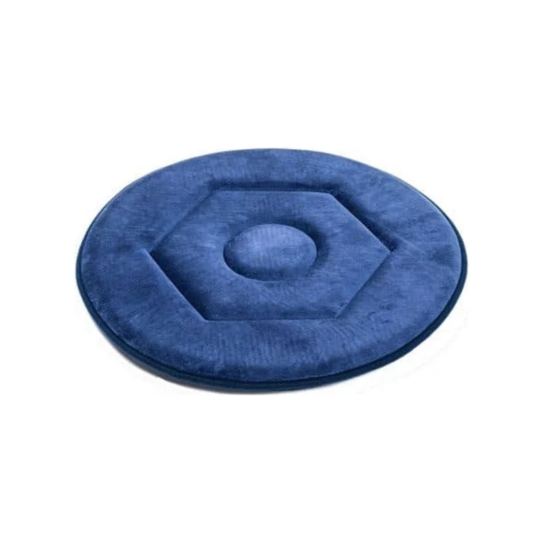 An oval blue cushion with a raised hexagonal pattern and center pad, shown on a white background.