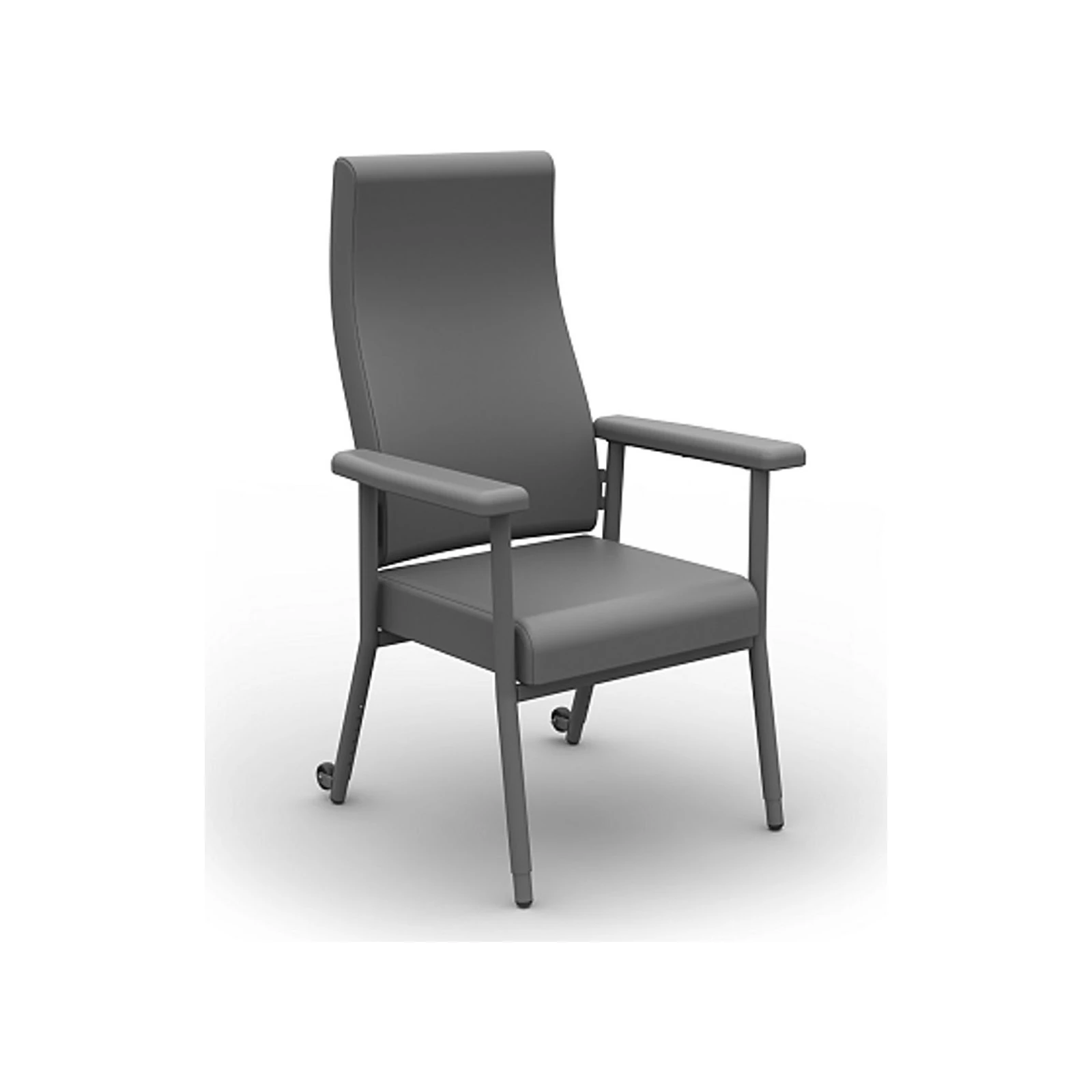 A gray upholstered armchair with a high back, slim armrests, and small rear wheels on a white background.