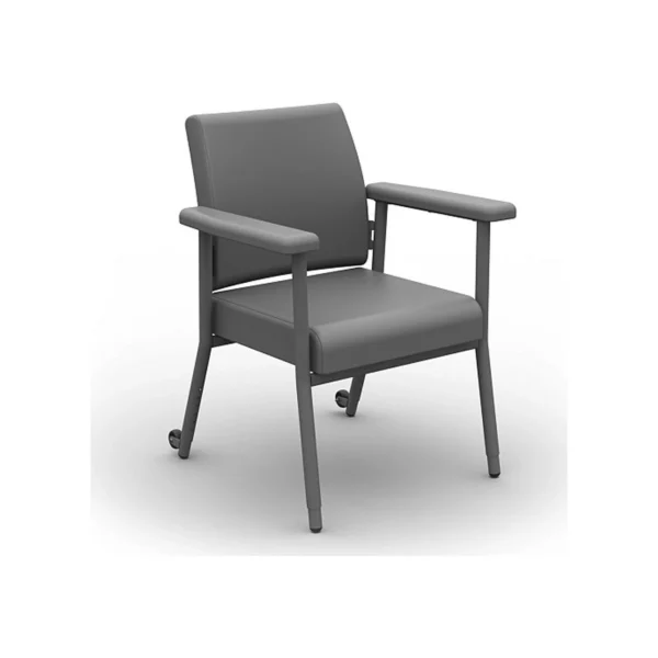 A gray upholstered armchair with padded seat and armrests on a white background.