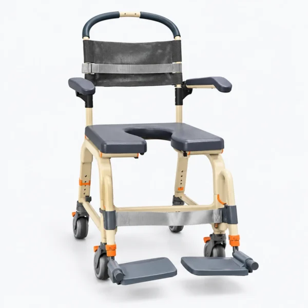 A beige and dark gray wheeled shower chair with armrests, a padded backrest, and footrests stands on a white background.