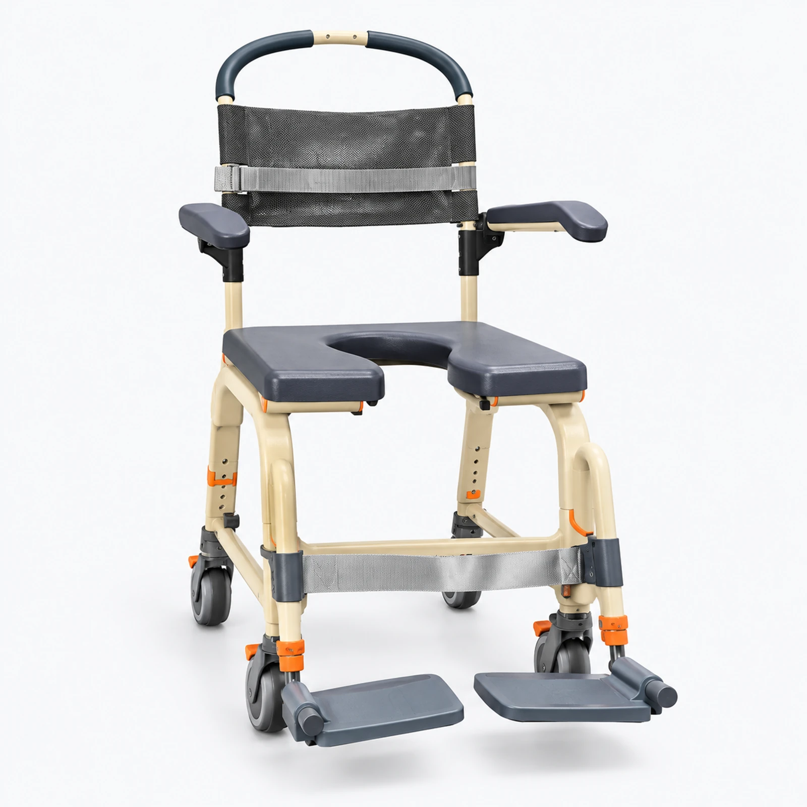 A beige and dark gray wheeled shower chair with armrests, a padded backrest, and footrests stands on a white background.
