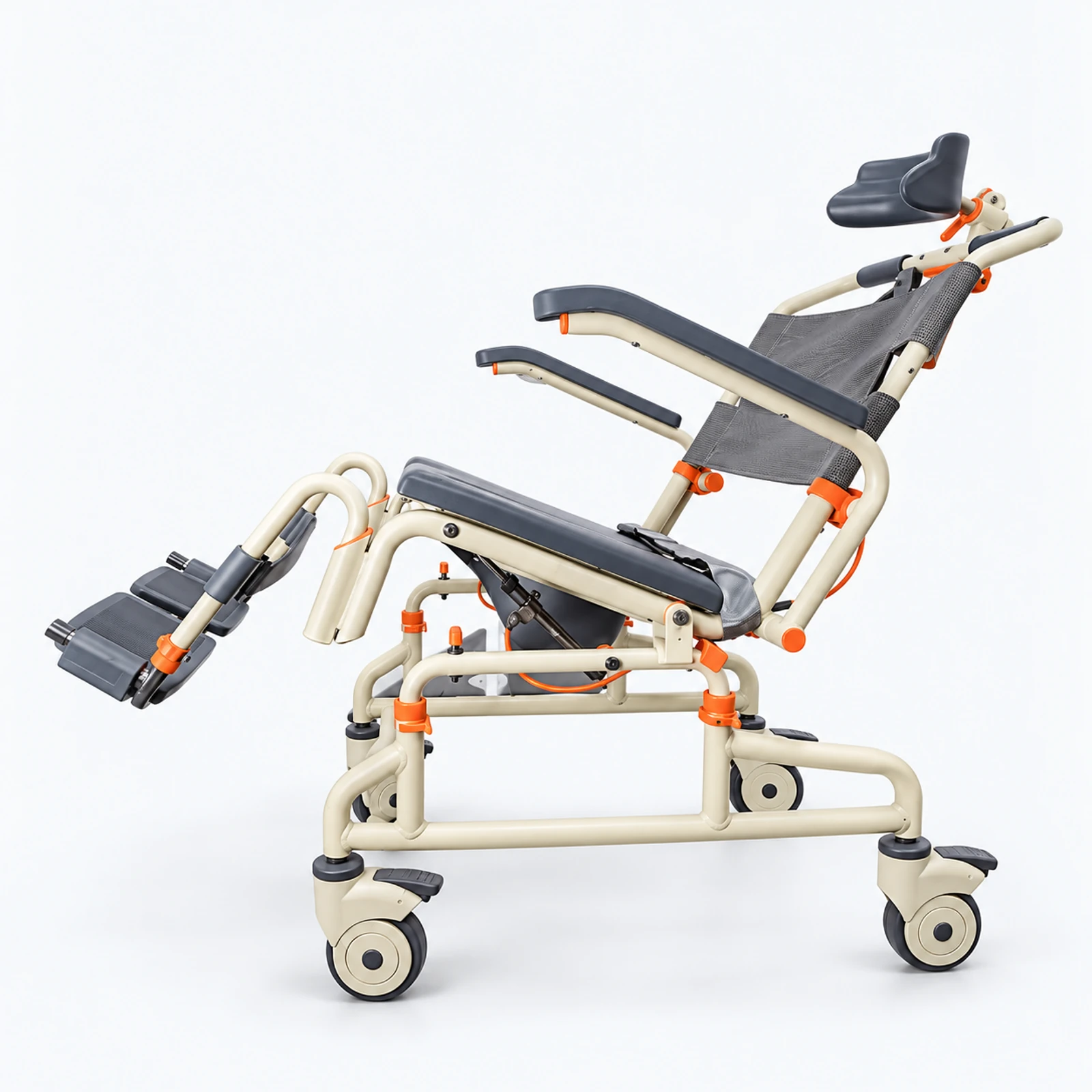 A beige medical evacuation chair with black armrests, leg supports, and four wheels stands on a white background.
