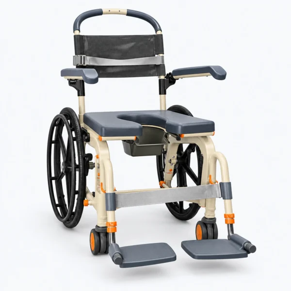 A compact manual wheelchair with gray seat pads, black wheels, and footrests is shown on a white background.