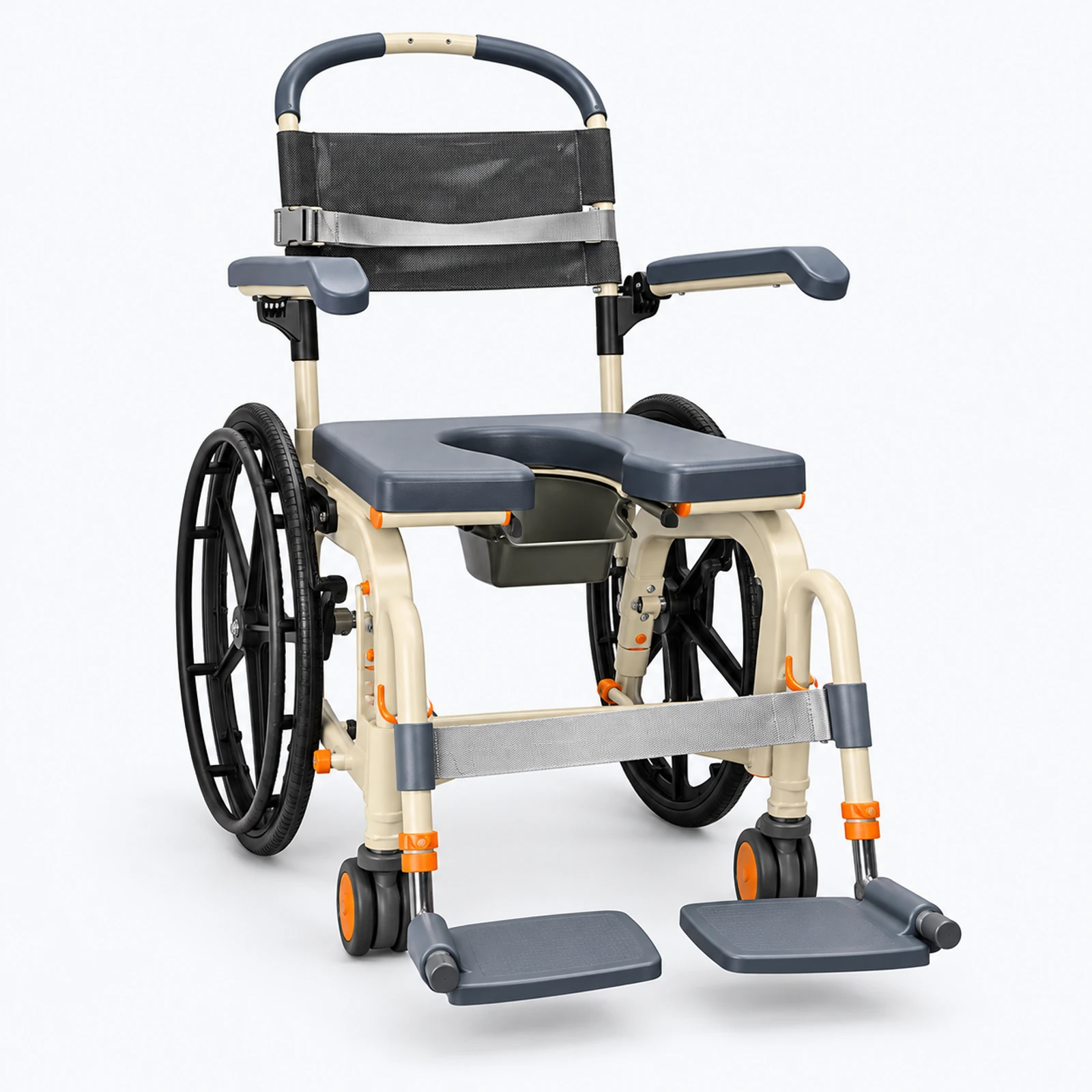 A compact manual wheelchair with gray seat pads, black wheels, and footrests is shown on a white background.