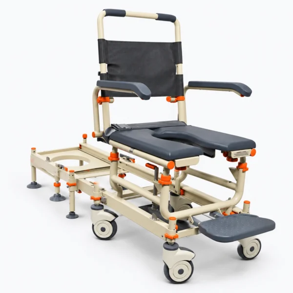 A foldable medical evacuation stretcher chair with black padded seat and armrests sits on a wheeled beige frame against a white background.