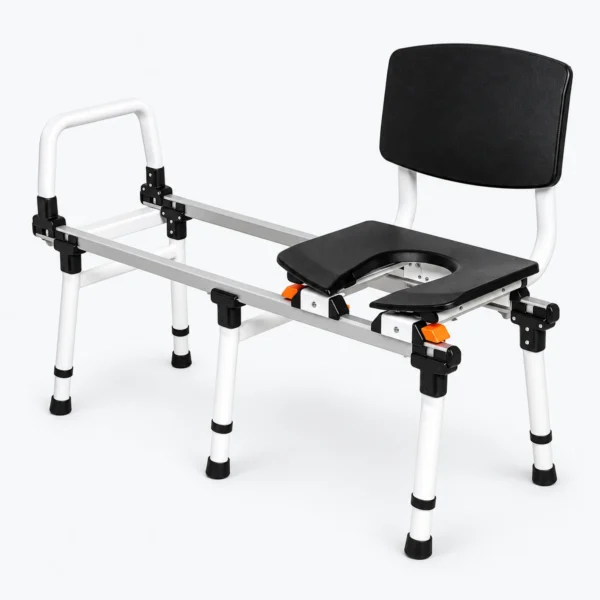 A white shower transfer bench with a black seat and backrest, shown on a plain white background.