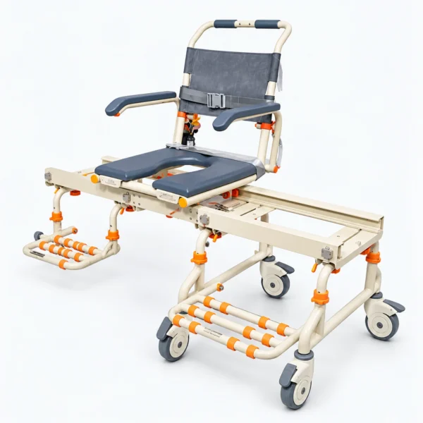 A wheeled patient transfer chair with a gray seat, armrests, and a safety belt, shown on a white background with orange accents and four caster wheels.