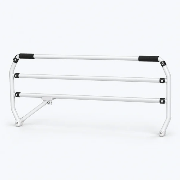 A white metal bed rail with three horizontal support bars and black foam grips on a white background.
