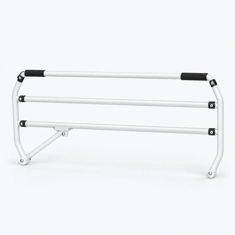 A white metal bed rail with three horizontal support bars and black foam grips on a white background.