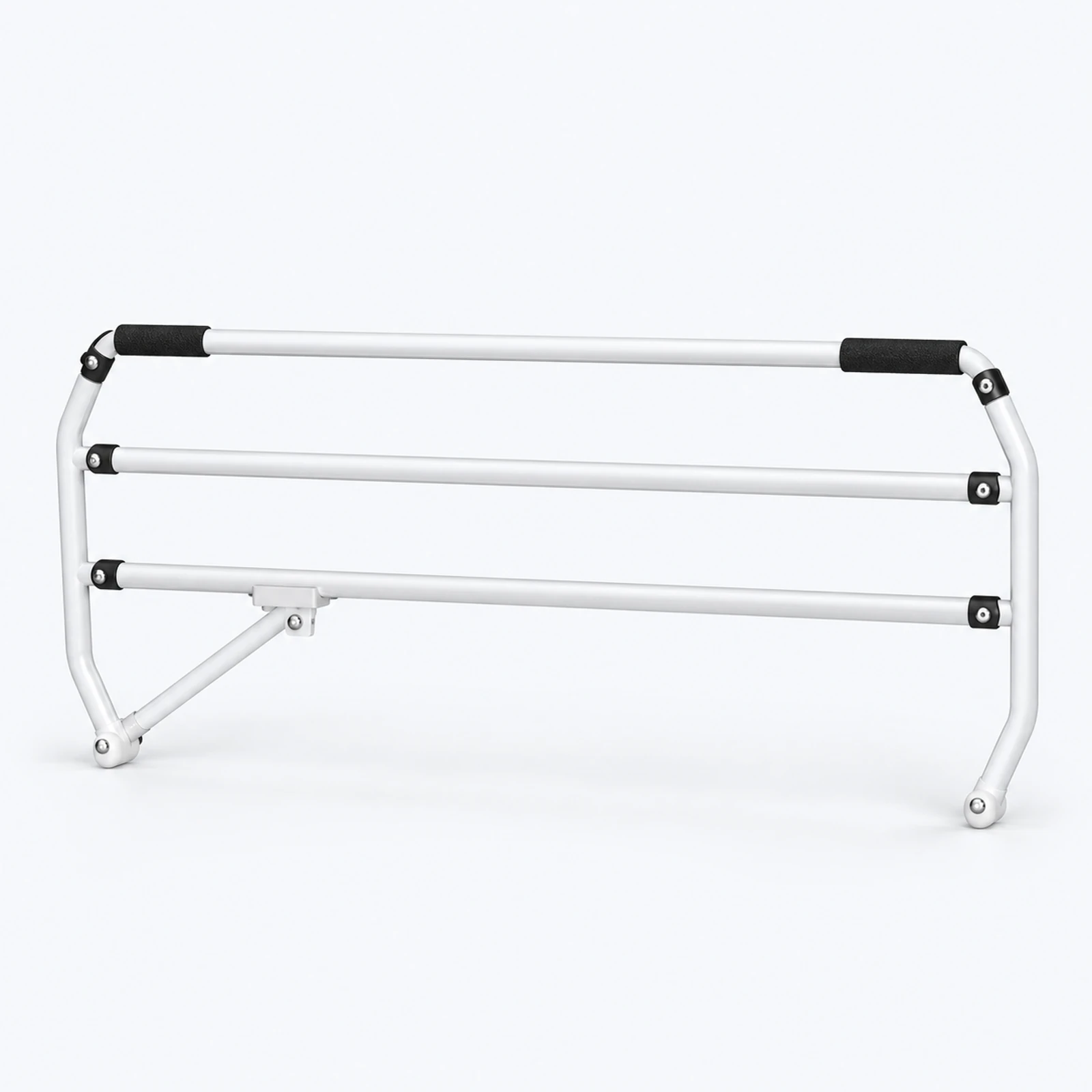 A white metal bed rail with three horizontal support bars and black foam grips on a white background.
