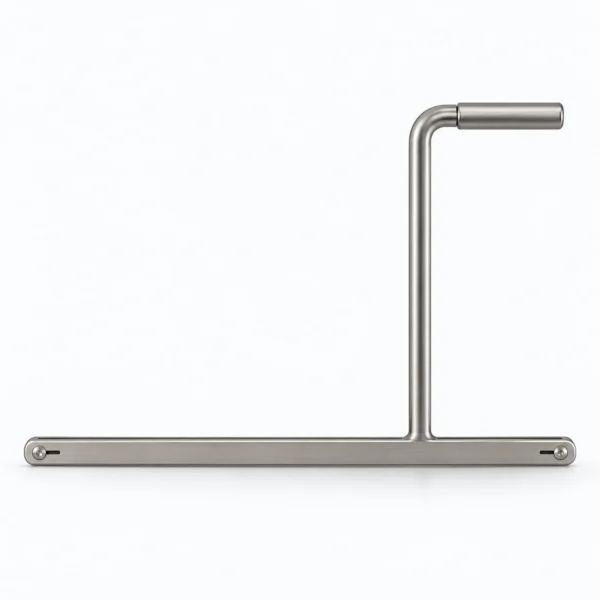 A stainless steel grab bar with a vertical support and horizontal top handle mounted on a white background.