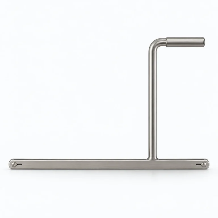 A stainless steel grab bar with a vertical support and horizontal top handle mounted on a white background.