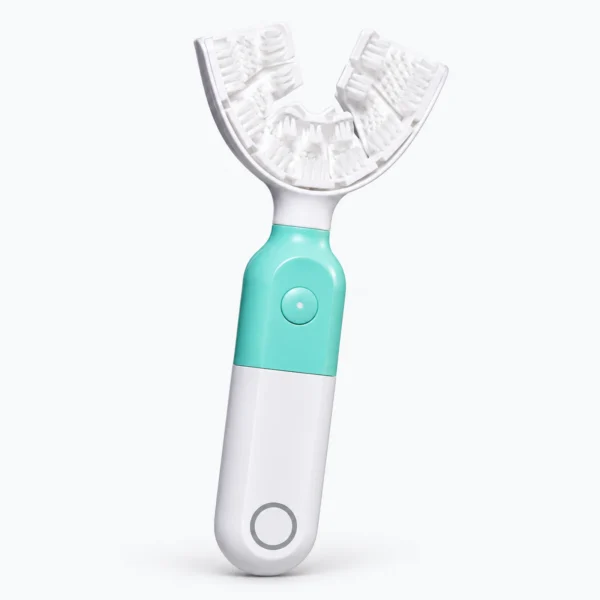 A turquoise and white electric toothbrush with a U-shaped silicone brush head, shown on a plain white background.
