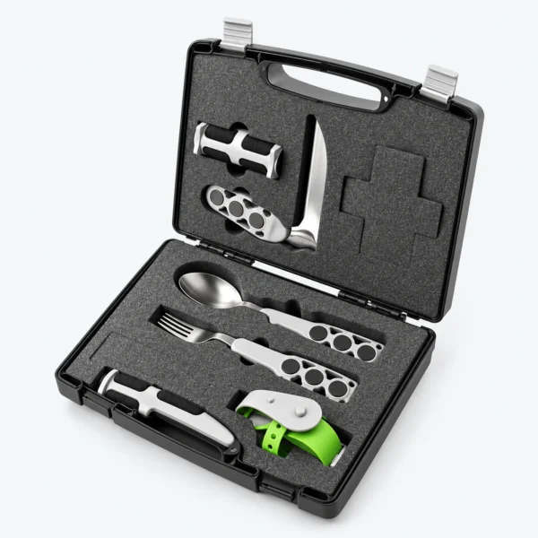 A stainless steel camping cutlery set in a black foam-lined carrying case, including a spoon, fork, knife, bottle opener, and green-handled utensil.