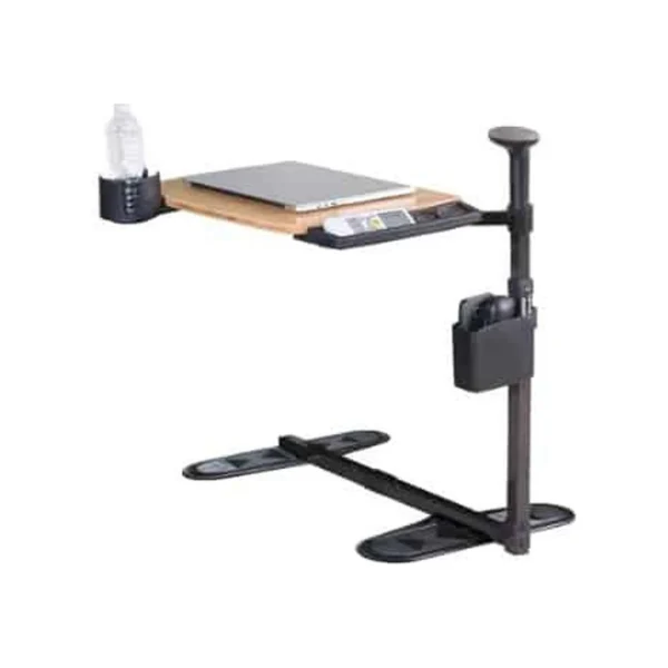 An adjustable black overbed desk with a wooden tabletop, cup holder, and notebook tray on a white background.