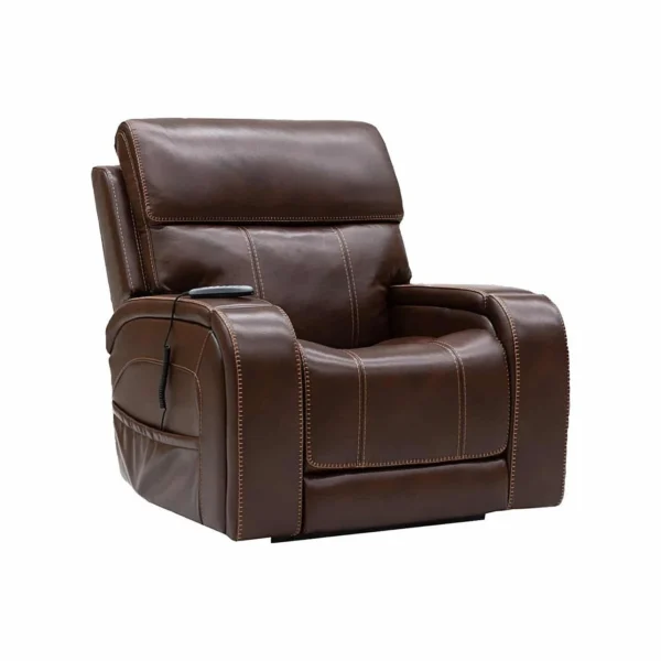 A brown leather recliner chair with wide padded arms and stitched detailing, shown on a white background.