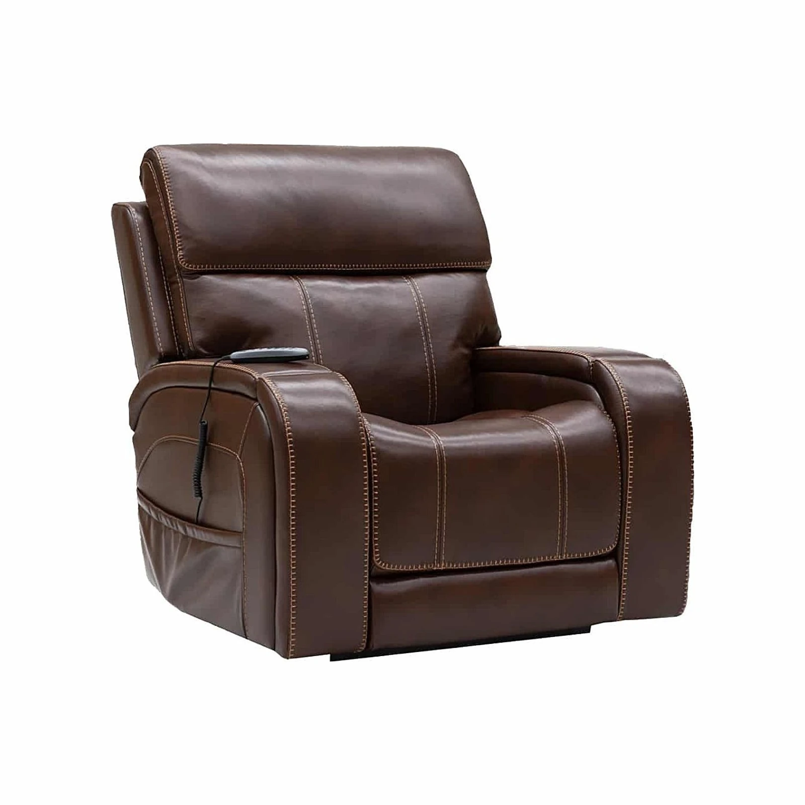 A brown leather recliner chair with wide padded arms and stitched detailing, shown on a white background.