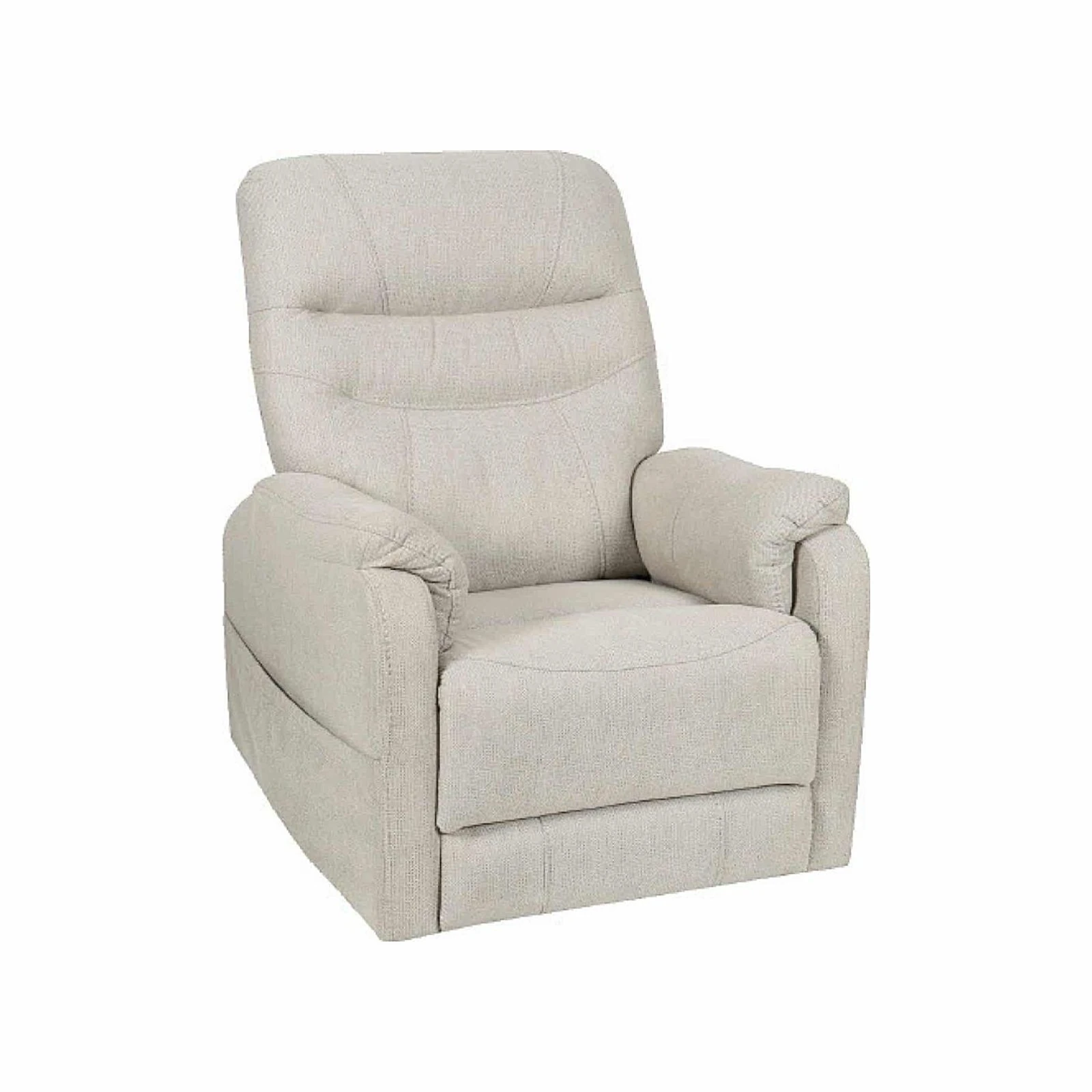 A beige upholstered recliner chair with padded armrests and a high back, shown on a white background.