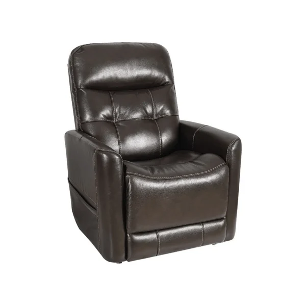 A dark brown leather recliner chair with padded arms and tufted backrest, shown on a white background.
