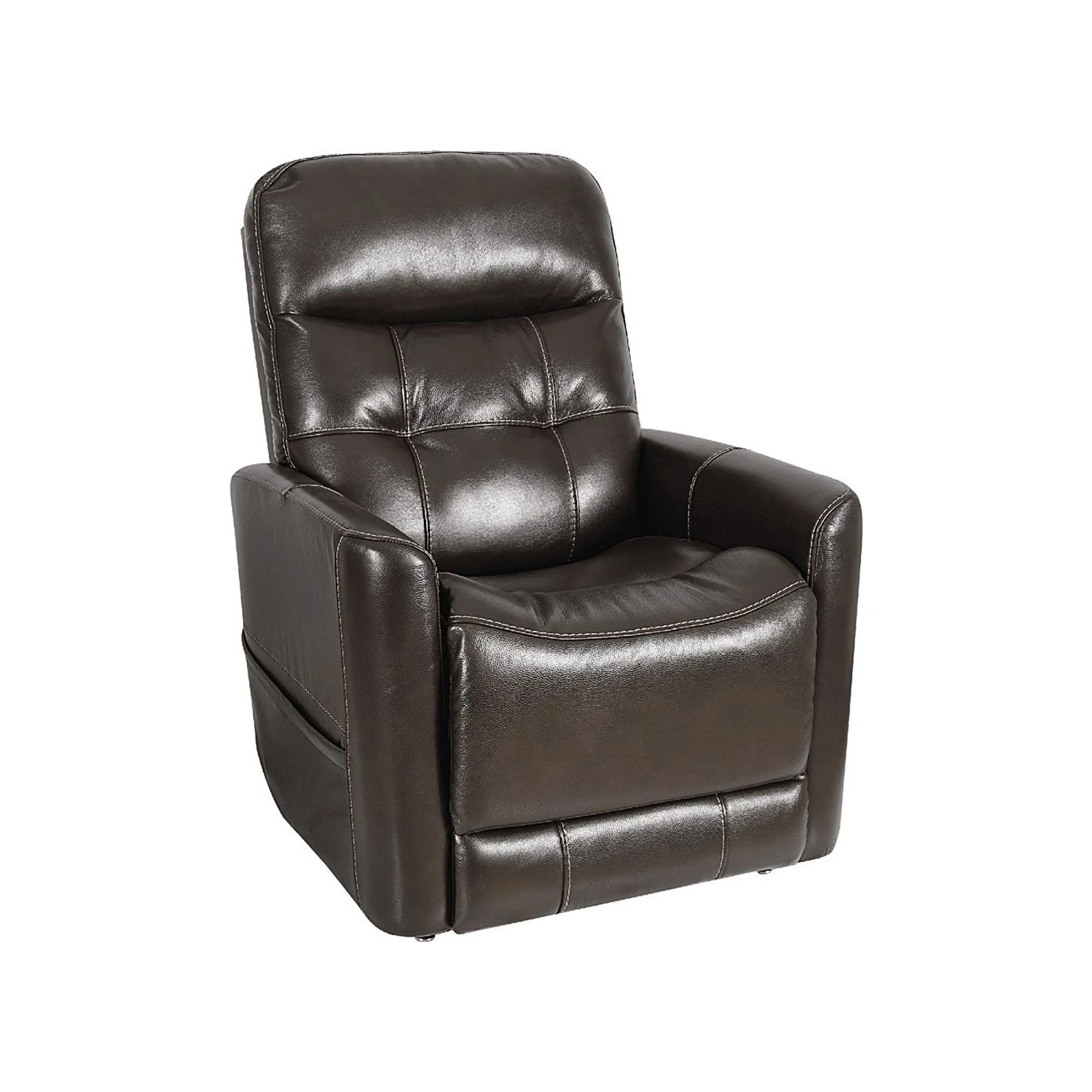 A dark brown leather recliner chair with padded arms and tufted backrest, shown on a white background.
