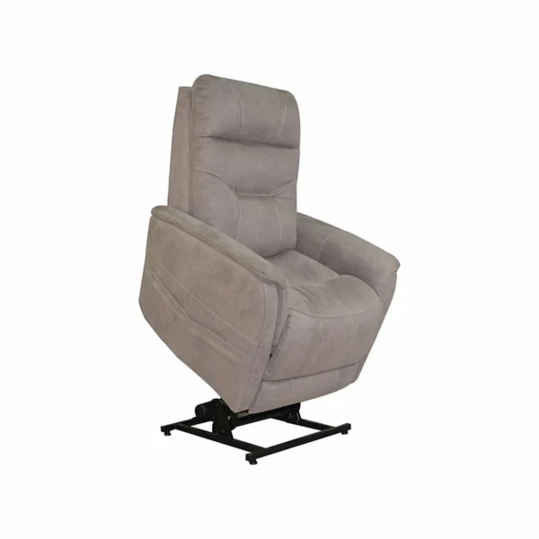 A gray upholstered recliner chair with a black metal swivel base, shown on a white background.