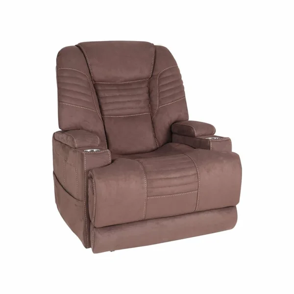 A brown upholstered recliner chair with padded armrests and stitched panels, shown on a white background.