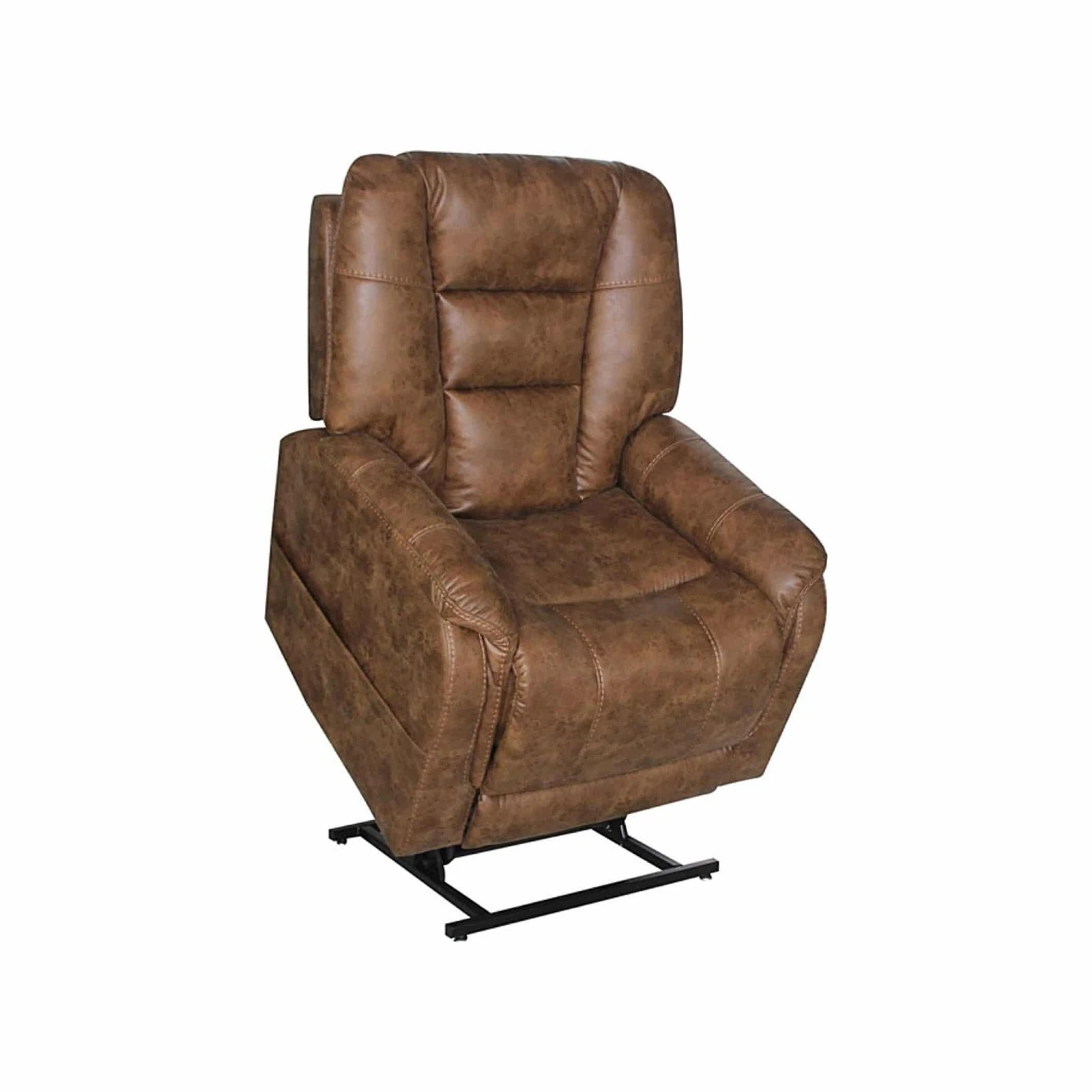 A brown upholstered recliner chair with padded armrests and a black metal base, shown on a white background.