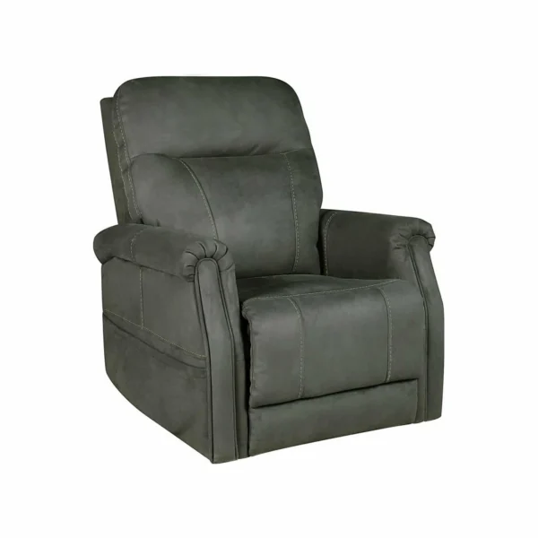 A dark gray upholstered recliner with padded armrests and a high backrest on a white background.