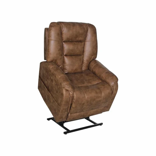 A brown upholstered recliner chair with a black metal base, shown on a white background.