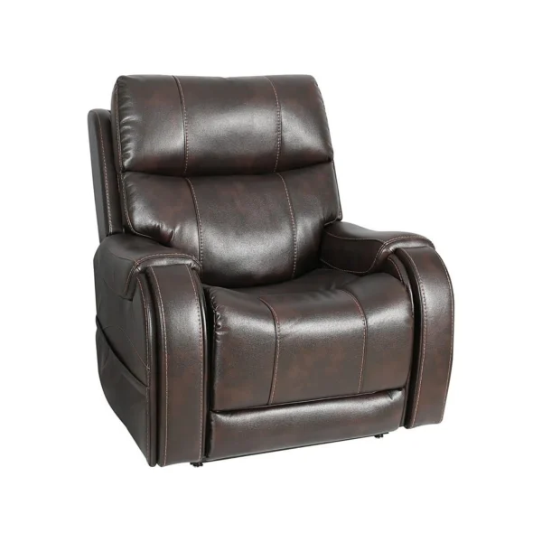 A dark brown leather recliner chair with padded armrests and a high back, shown on a white background.