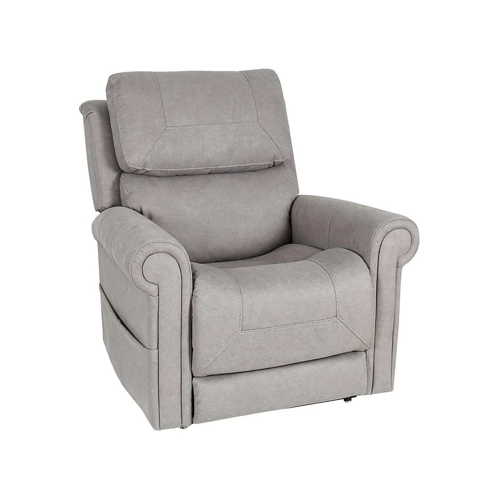 A gray upholstered recliner chair with rolled arms and a padded headrest, shown against a white background.
