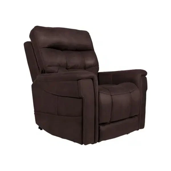 A dark brown upholstered recliner chair with padded armrests, shown against a white background.