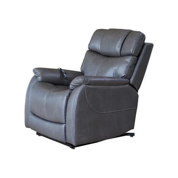 A gray leather recliner chair with padded armrests and a high back, shown against a white background.
