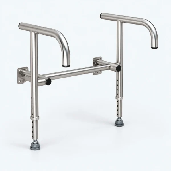 A stainless steel wall-mounted toilet grab bar with two curved handles and adjustable floor supports on a white background.