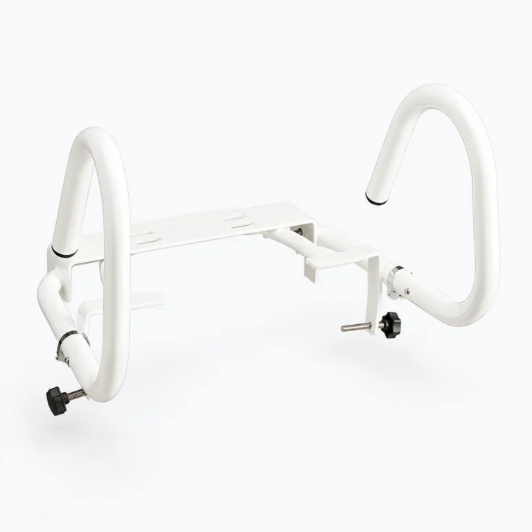 A white metal bicycle storage rack with two curved support loops and adjustable black knobs on a plain white background.