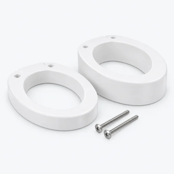 Two white oval plastic toilet seat hinge brackets with two silver screws on a white background.