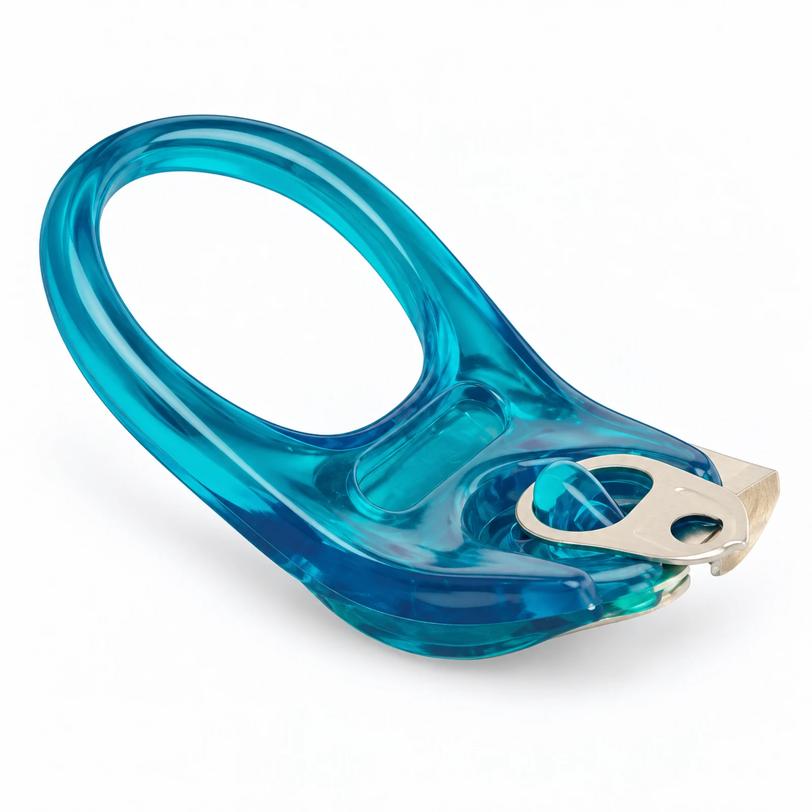 A translucent blue plastic bottle opener with an oval handle and metal tip on a white background.