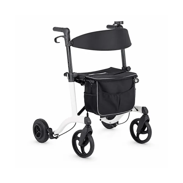 A black and white foldable mobility walker with four wheels, a seat, and a storage bag on a white background.