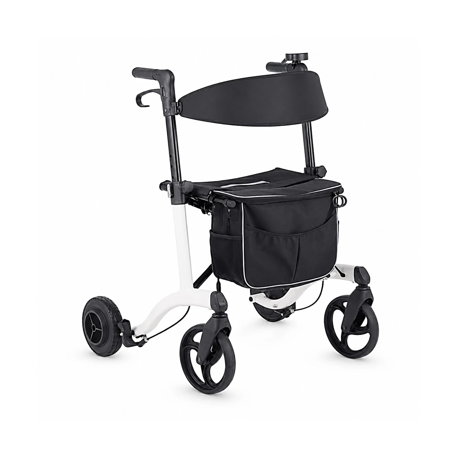 A black and white foldable mobility walker with four wheels, a seat, and a storage bag on a white background.