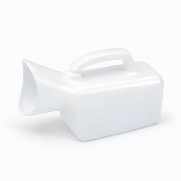 A white plastic watering can with a side spout and top handle on a white background.