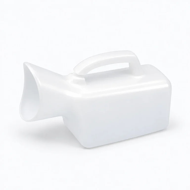 A white plastic watering can with a side spout and top handle on a white background.