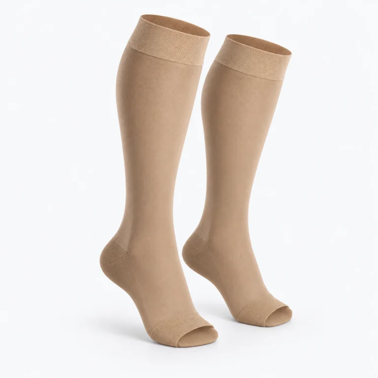 A pair of beige knee-high compression socks with open toes, shown on a white background.