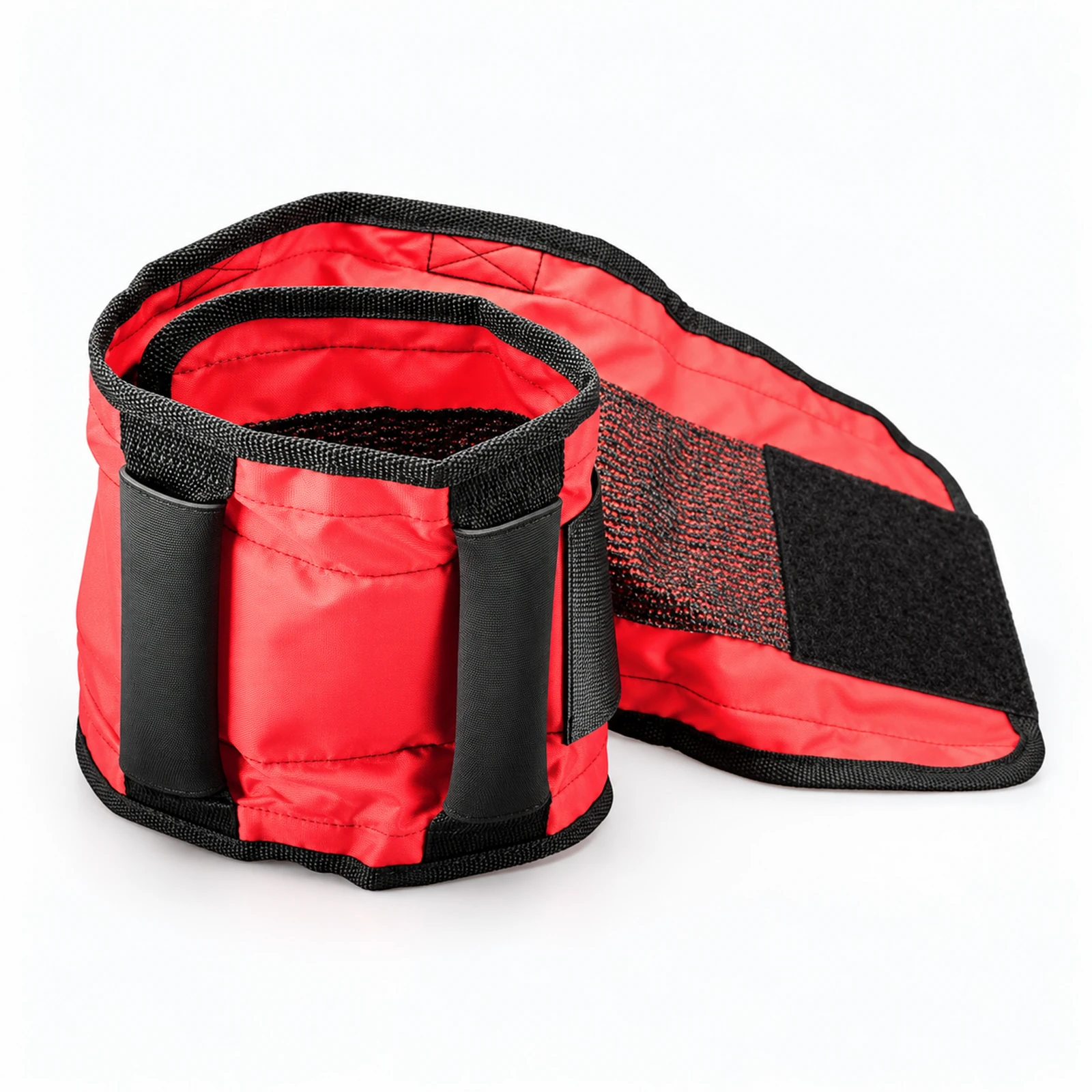 A red and black adjustable pet training harness with padded straps, shown on a white background.
